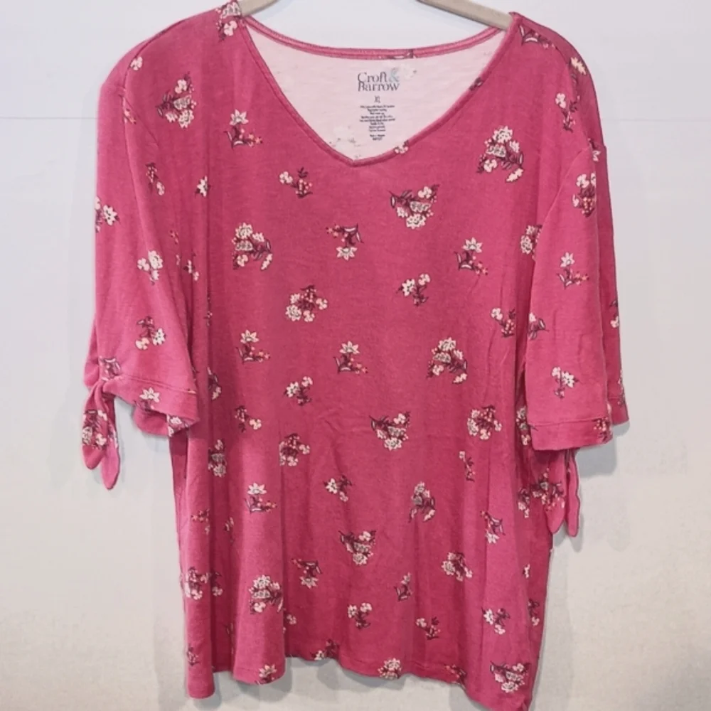 Croft & Barrow V-Back Floral Blouse with Tie Near Elbow Sleeve Size XL - Picture 2 of 5